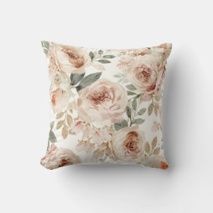 Coussin Impression florale aquarelle de roses rose tendre 