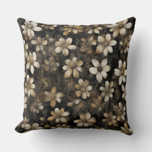 Coussin Impression Florale Noir Or Rustique Blanc