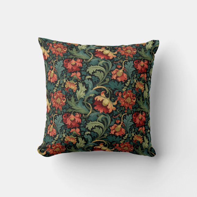 Coussin Impression florale rouge de William Morris (Recto)