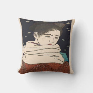 Coussin Impression japonaise, dame avec ventilateur