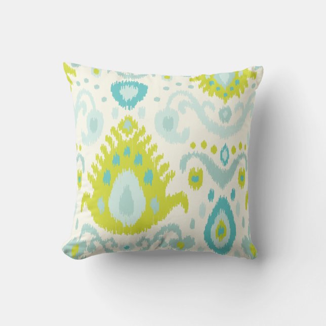 Coussin Impression Turquoise et Lime Ikat (Recto)