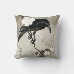 Coussin Impression vintage de bois de corbeau japonais et
