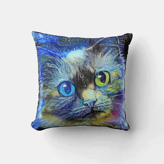 Coussin Impressionniste Portrait de chat bleu jaune noir (Recto)