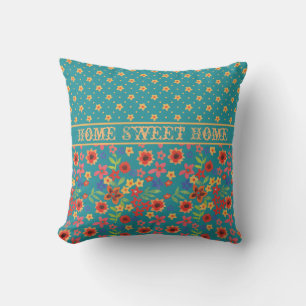 Coussin Imprimantes florales rétro sur Turquoise avec Home