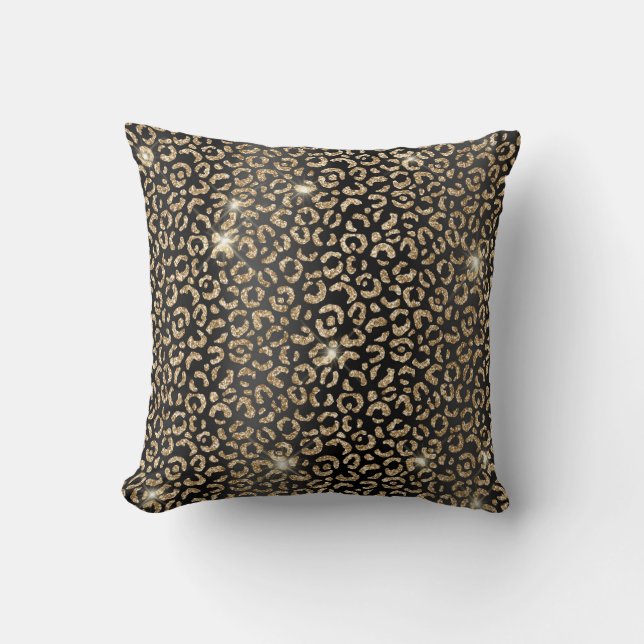 Coussin Imprimé à taches de léopard pailleté noir et or (Recto)
