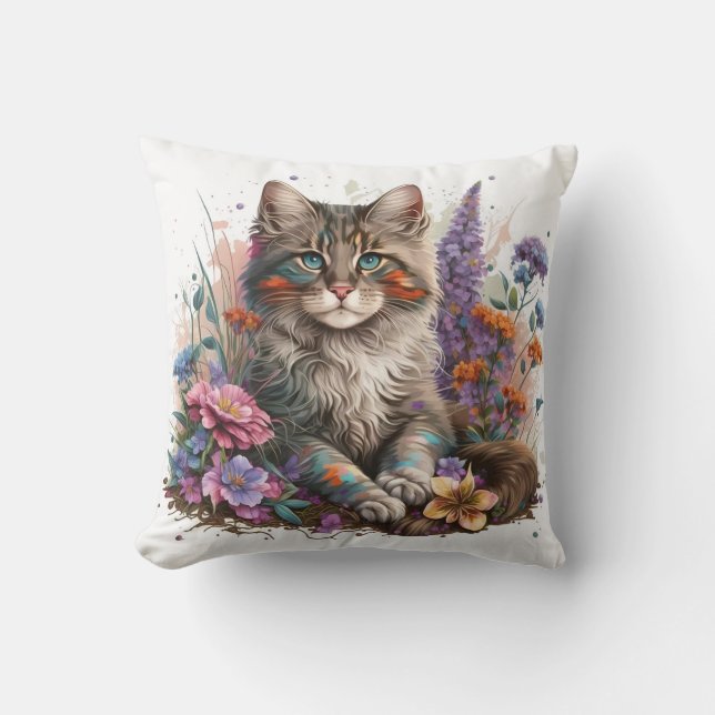 Coussin Imprimé Adorable de Chatons Maine Coon à l'aquarel (Recto)