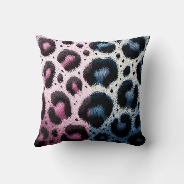 Coussin Imprimé animal à taches de léopard rose et bleu  (Verso)