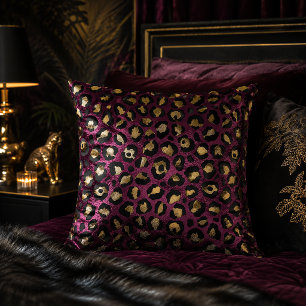 Coussin Imprimé animalier léopard bordeaux et or