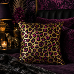 Coussin Imprimé animalier léopard doré et bordeaux