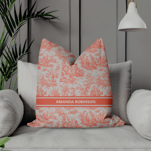 Coussin Imprimé chic vintage orange toile de jouy