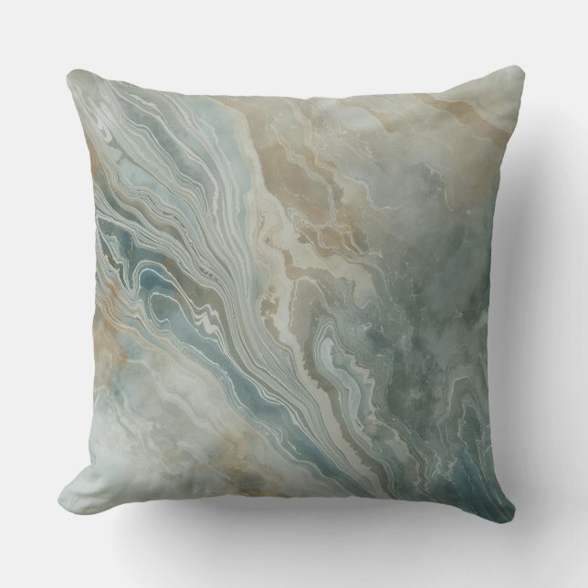 Coussin Imprimé côtier crème vert bleu mer marbré tan (Recto)
