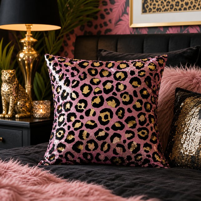 Coussin Imprimé d'animal à motif léopard rose et or (Créateur téléchargé)