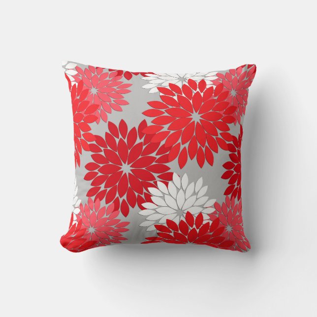 Coussin Imprimé de kimono floral moderne, rouge corail et  (Recto)
