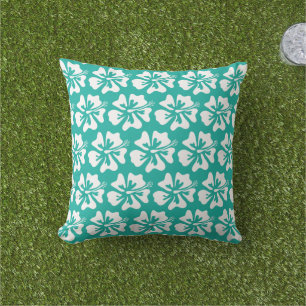 Coussin imprimé fleur hawaïen turquoise et blanc été