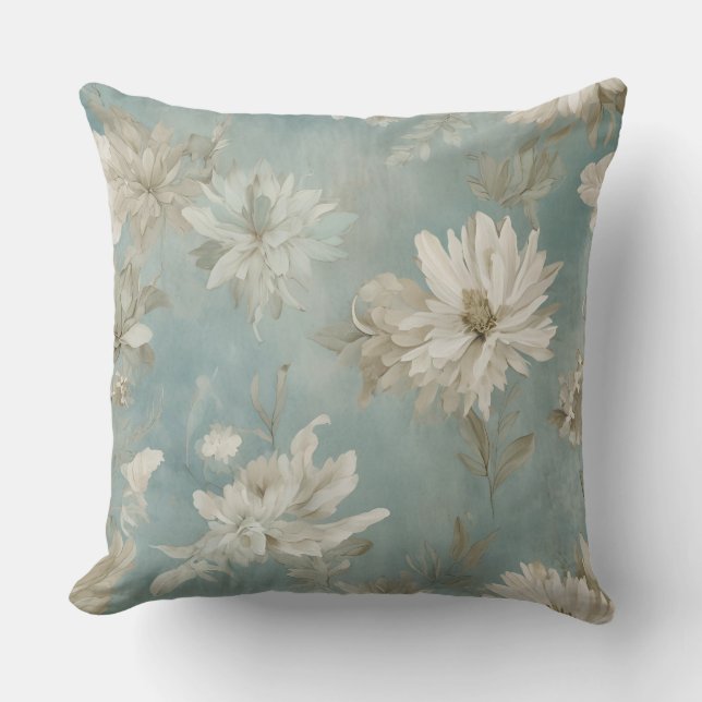 Coussin Imprimé floral aquarelle abstrait bleu vert beige (Recto)