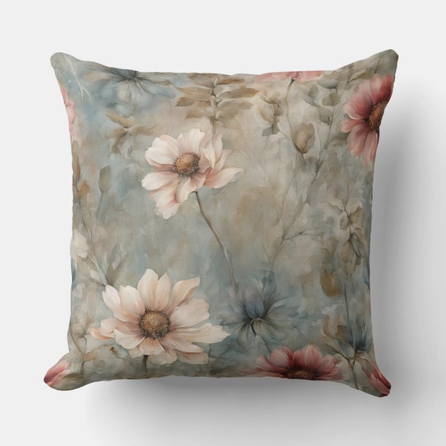 Coussin Imprimé floral bleu chaud terreux (Recto)