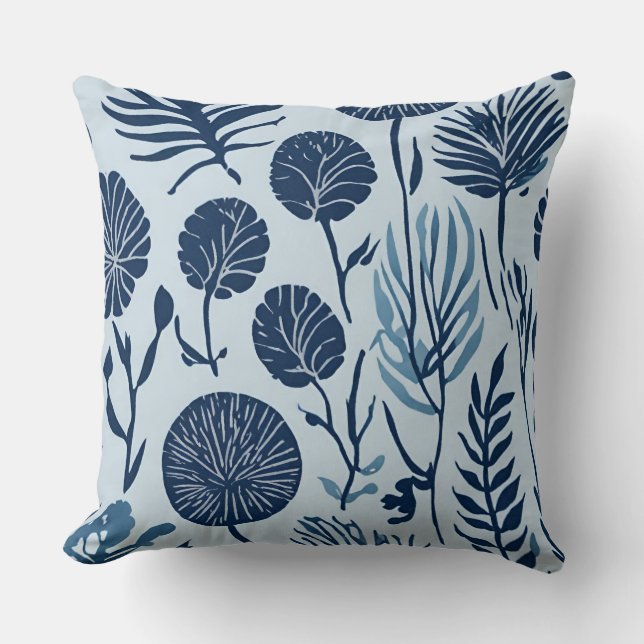 Coussin Imprimé floral botanique bleu clair bleu marine (Recto)