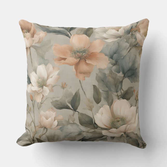 Coussin Imprimé floral de cottage vert sauge clair orange  (Recto)