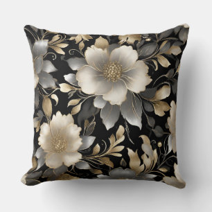 Coussin Imprimé floral noir gris or crème élégant foncé