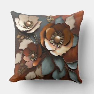 Coussin Imprimé floral sarcelle rouille orange brûlé