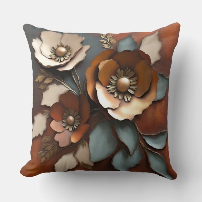 Coussin Imprimé floral sarcelle rouille orange brûlé (Recto)