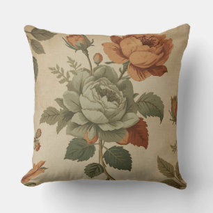 Coussin Imprimé floral vintage vert sauge orange brûlé