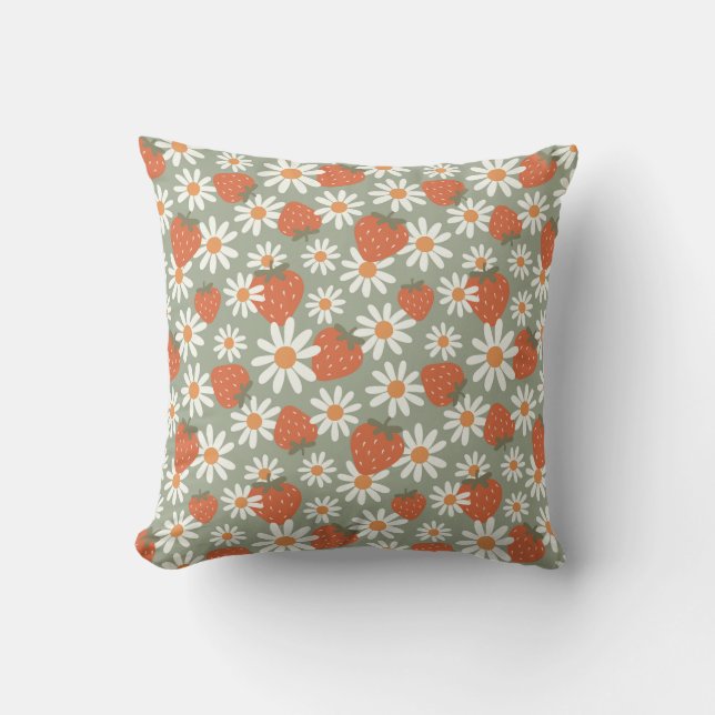 Coussin Imprimé groovy de marguerite et de fraise Été Prin (Recto)