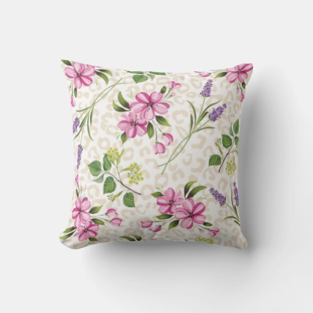 Coussin  Imprimé léopard chic et botanique florale rose (Recto)