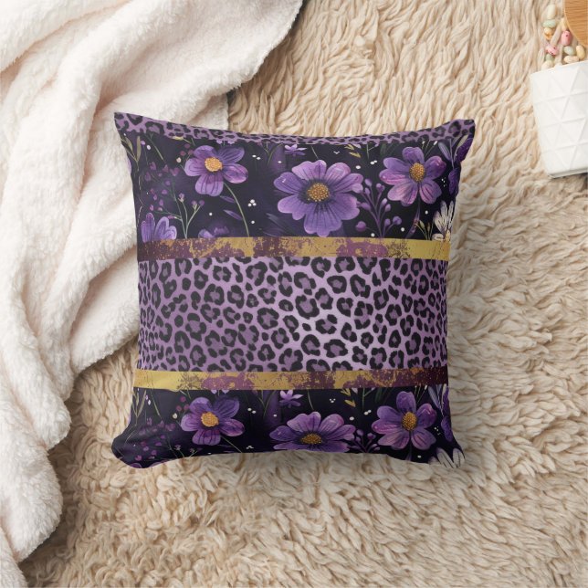 Coussin Imprimé léopard floral violet gras (Couverture)