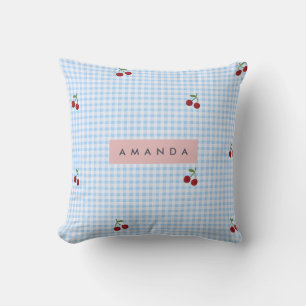 Coussin Imprimé personnalisé de cerises à carreaux bleus r