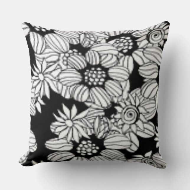 Coussin Imprimé tendance noir et blanc floral joyeux (Recto)