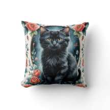 Coussin Imprimé Vintage Chaton Noir et Pivoines