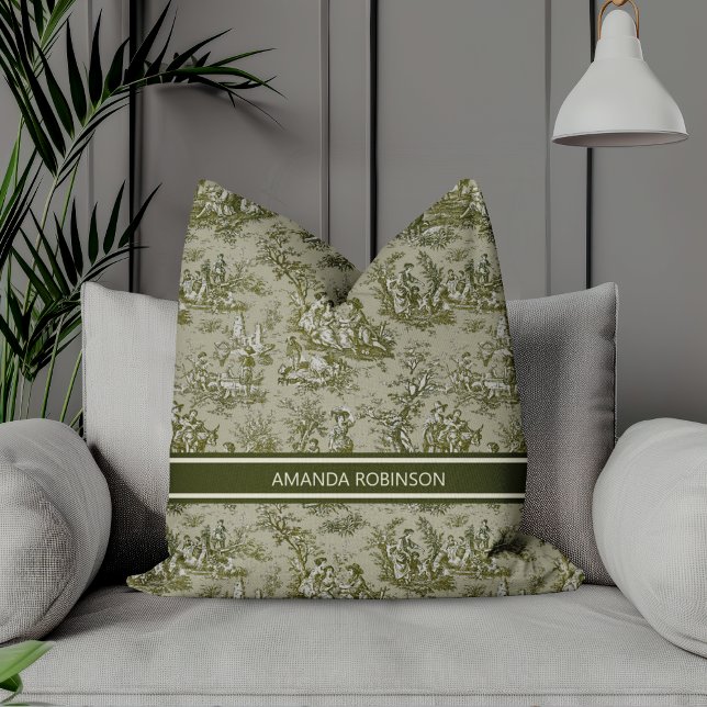 Coussin Imprimé vintage vert gris toile de jouy (Créateur téléchargé)