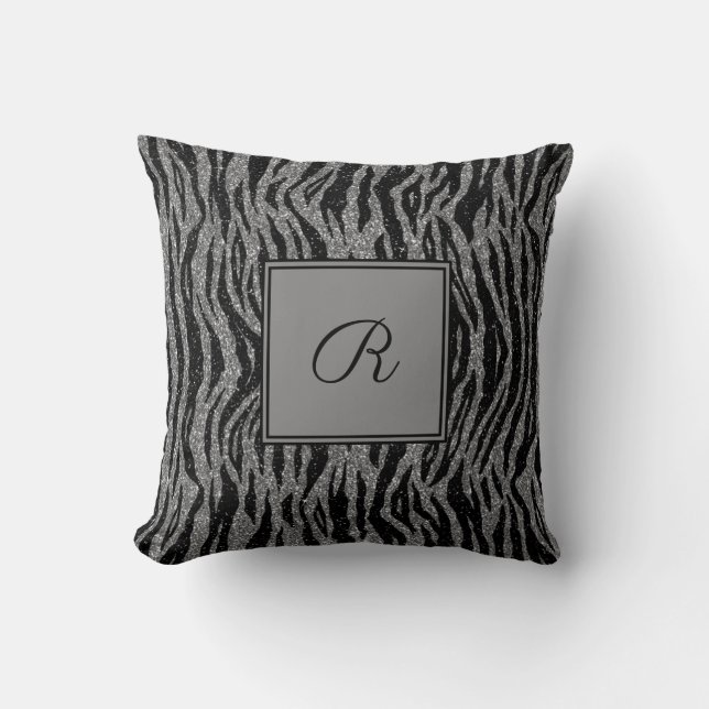 Coussin Imprimé zèbre monogramme noir gris argent tendance (Recto)