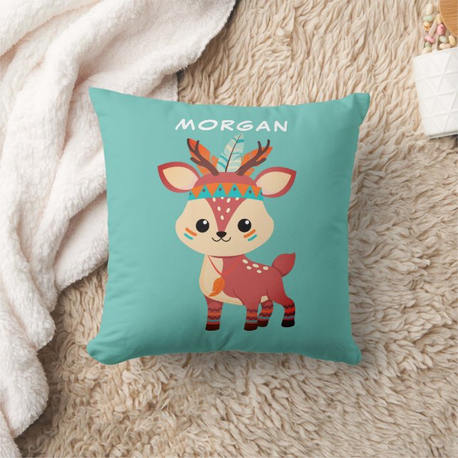 Coussin Indian Deer, Name or Message, Teal (Couverture)