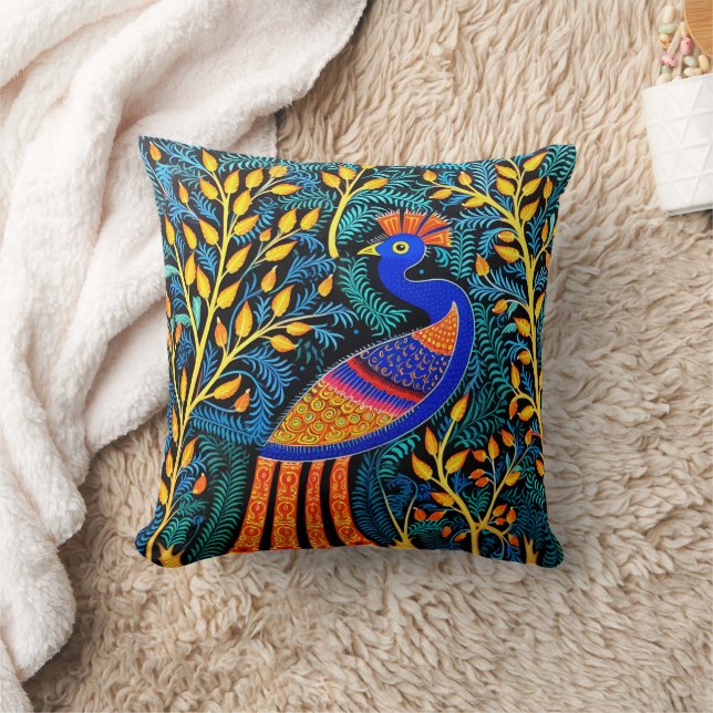 Coussin Indien Gond Art Peacock noir | Art de l'Inde (Couverture)