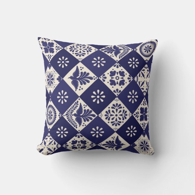 Coussin Indigo beige foncé mexicain floral oiseaux Talaver (Recto)