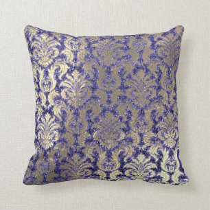 Coussin Indigo Blue Cobalt Damask Sepia Velvet Sequet Gold