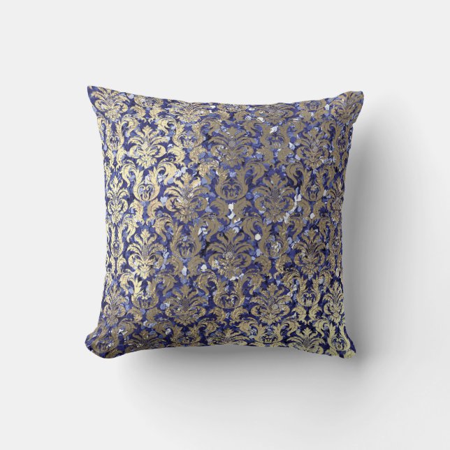 Coussin Indigo Blue Cobalt Damask Sequin Champaigne Gold (Recto)