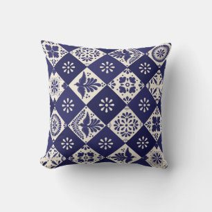 Coussin Indigo foncé beige floral oiseaux mexicains Talave