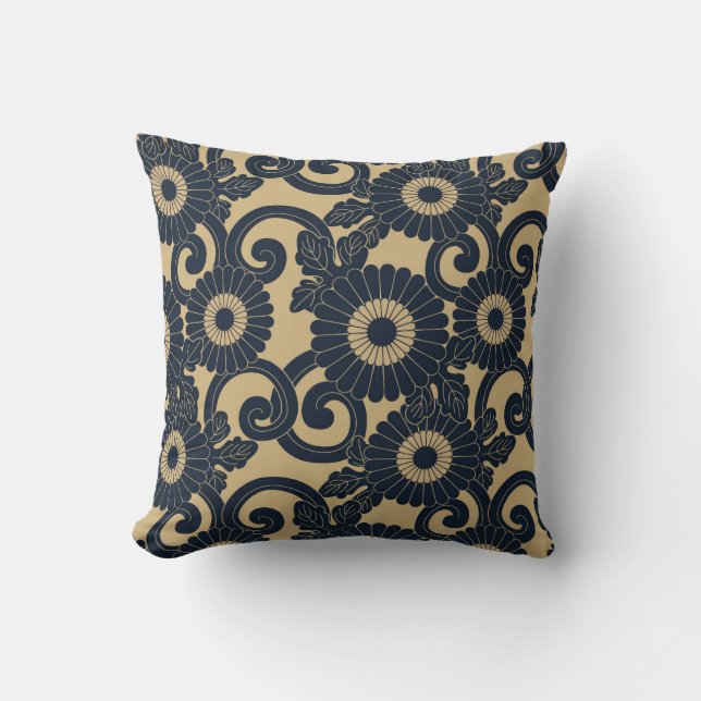 Coussin Indigo motif d'inspiration japonaise et design bro (Recto)