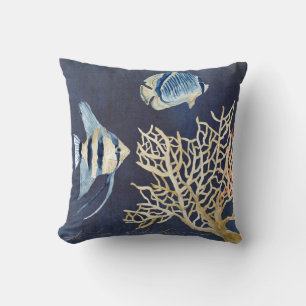 Coussin Indigo Ocean Beach Tropical Fish Watercolor Coral
