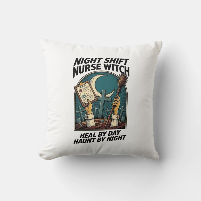 Coussin Infirmière de nuit Sorcière Rétro Halloween Tee (Recto)