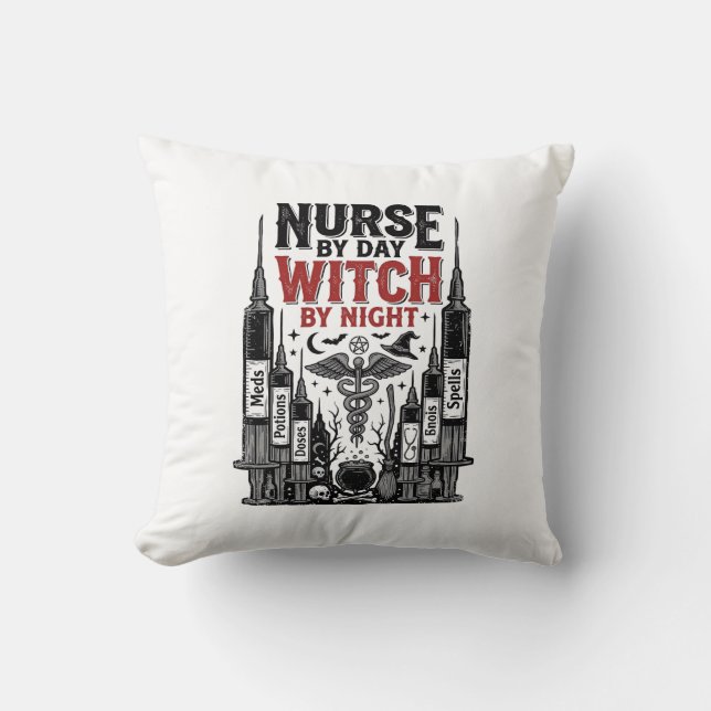 Coussin Infirmière le jour sorcière la nuit Design Hallowe (Recto)