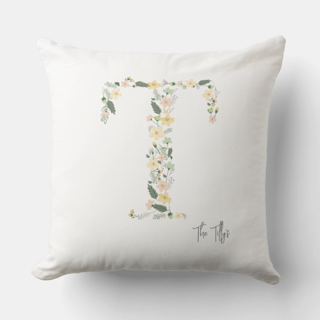 Coussin Initial florale "T" Couleurs Douces Prairie NOM Mo (Recto)