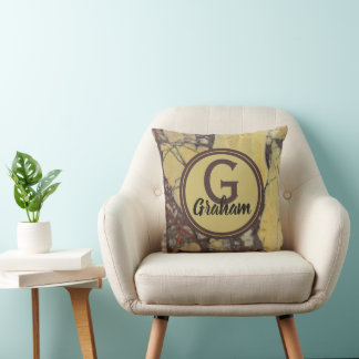 Coussin Initiale de famille Monogramme à motif marbré jaun