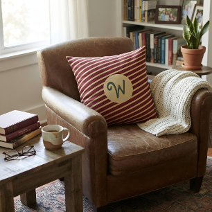 Coussin Initiale de monogramme rayures rouges et crème Pré