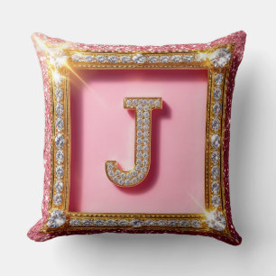Coussin Initiale Diamant J Paillettes Roses Cadre Or Monog