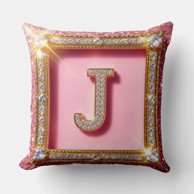 Coussin Initiale Diamant J Paillettes Roses Cadre Or Monog (Recto)