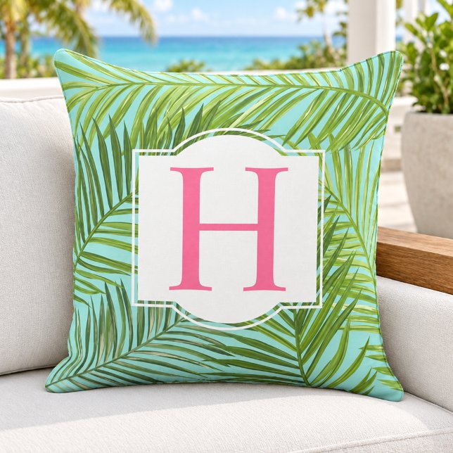 Coussin Initiale Monogramme Aqua Feuille de Palmier Vert T (Créateur téléchargé)